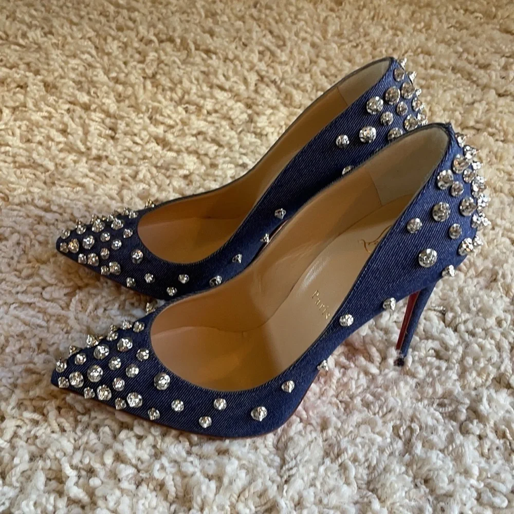 Louboutin Aimantaclou Studded Blue Denim Pumps Heels Size 39